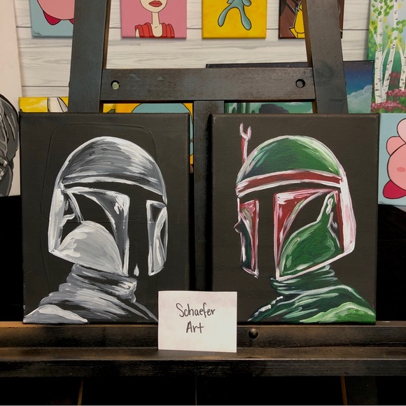 2 Piece SET Mandalorian and Boba Fett Painting - Fun Art - Wall Decor - Picture 1 of 3